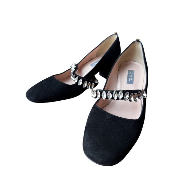 SJP by Sarah Jessica Parker Black Suede Mary Jane Block Heels Crystal Strap 8.5 - Picture 6 of 9